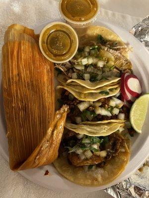 Pork tamale. Tacos: carnitas, pastor, chorizo.