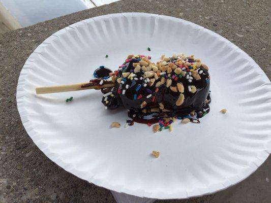 Fried cookie dough on a stick.... sounded REALLY good, but was just a gooey mess that fell off the stick. Too sweet & a weird texture.