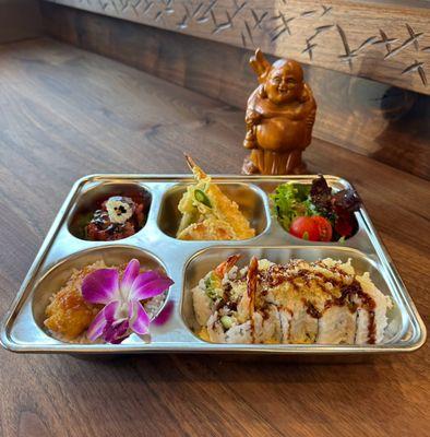 Buddha's Bento Box now available at lil' Buddha's! Come in for lunch, dinner or place a to-go order!