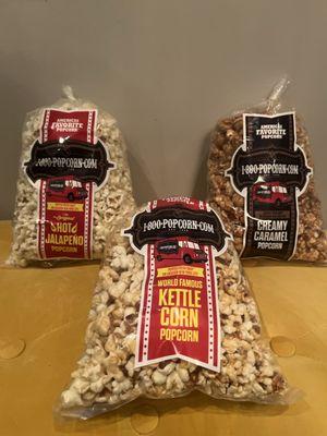 Hot Roasted Jalapeno Popcorn, Creamy Caramel Popcorn, World Famous Kettle Corn