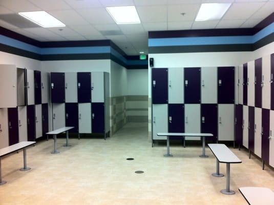 A view of part of the lady's locker room.  Showers to the left.  Spacious and adequate, and always clean!