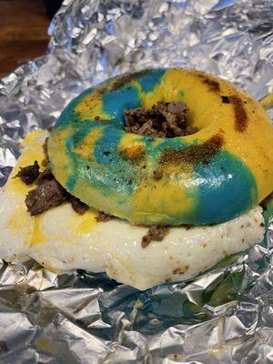 Steak egg and cheese bagel