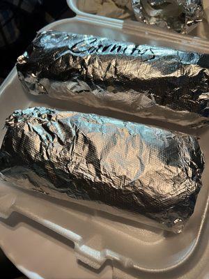 Burritos: rice, beans, choice of meat, onions, cilantro.