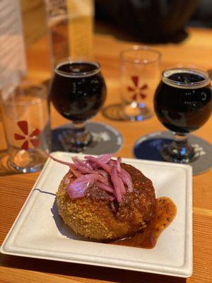 Bbq pork okazu pan. Black Stripe Coconut Porter (left) and Sherwood Coffee Stout (right).