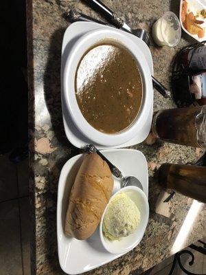 Shrimp Gumbo with potato salad and bread