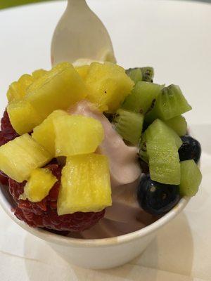 Size small, Pomegranite AND Mango frozen yogurt, with up to 4 toppings, Total w/tax $7.50.  Refreshing!