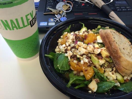 Custom bowl with baby spinach, broccoli, asparagus, Caribbean jerk chicken, red quinoa, red onion, sweet potato & chicken broth.