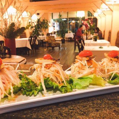 Coconut rice with chicken and papaya salad.