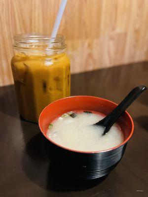 Miso soup and Thai Tea (be prepared, it's massive, it's almost like a huge candle jar for reference)