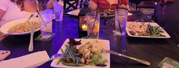 Favorite Shrimp Pasta on left, delicious swordfish, delicious red snapper on right and juicy skit steak.