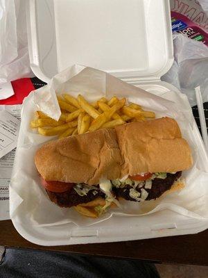 7" Hot Sausage Patty Po-Boy Combo.  The order had onion rings that were paid for and was given soggy French fries