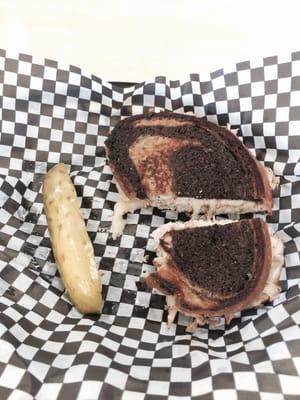 It's not burned, that's real marble rye! Grilled provolone and turkey with a pickle.  Mmmm.