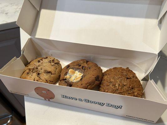 From L to R: Chocolate Chip Cookie, S'mores Cookie and Oatmeal Apple Pie Cookie