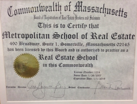 Current Real Estate School Certificate