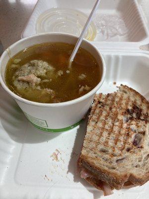 Marionberry jam/ham sandwich with matzo ball soup. Very tasty!