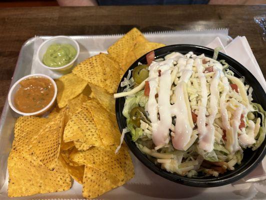 Chicken bowl with rice and pinto beans and toppings!