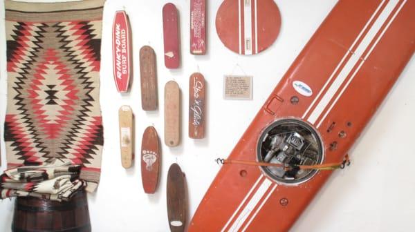 Vintage collectible skateboards and surfboards to decorate your walls.