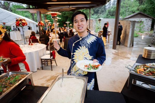 Groom excited about the garlic mashed potatoes