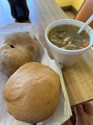 Pasty, chicken pot pie soup, and roll