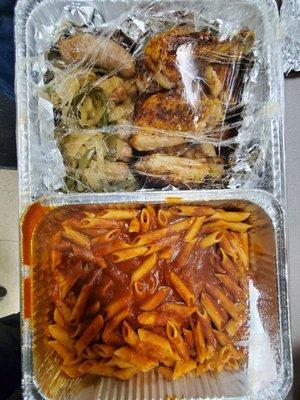 Catered bake chicken, sausage/peppers, and noodles and sauce