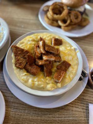 Mac and cheese with added Buffalo chicken