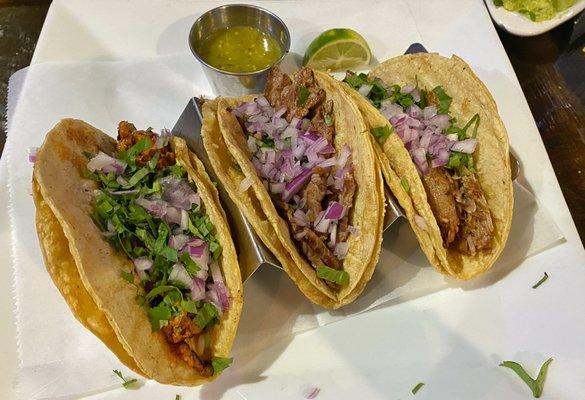 L - R: al pastor, asada, carnitas street tacos