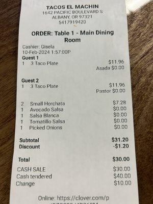 Receipt for two taco plates and two small horchatas.