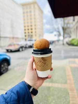 Mochi donut + hojicha latte