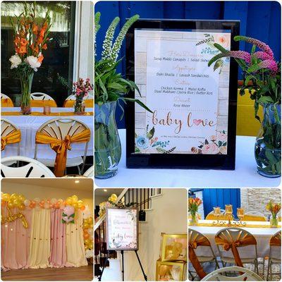 Baby Shower Catering 
Indian Food + Chaat + BBQ + Hors D'oeuvres 
Onsite Chef Services 
Event Decorations