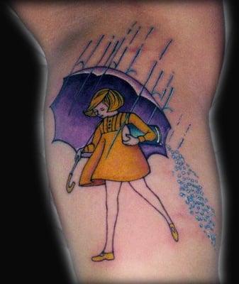 A single session tattoo of the Morton Salt Girl.