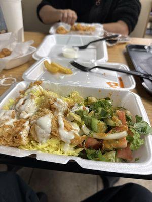 crispy chicken rice bowl with salad