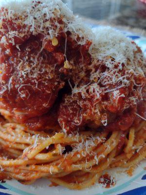 Classic Spaghetti N Meatballs in Homemade San Marzano Tomato Marinara. Topped with two 4oz made from Scratch Meatballs.