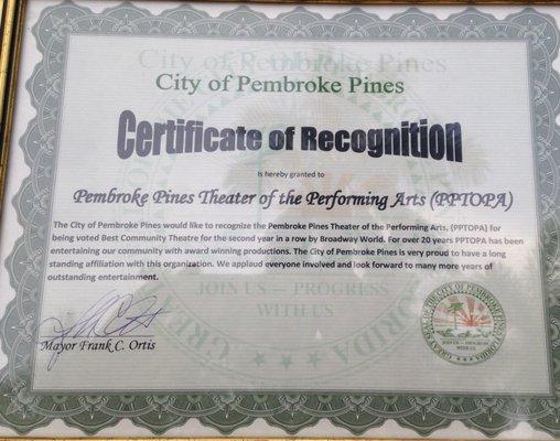 PPTOPA recognized by the City of Pembroke Pines for bring the Best Community Theatre for the 2nd year in a row.