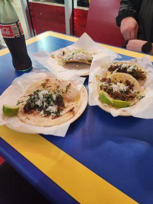 Barbacoa in flour, trompo in corn tortillas, and a nopales tostada (surprised me, soo good, also a vegetarian option)