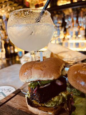 House margarita and pork belly sliders.