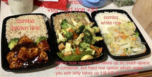 2022 - we paid for veg fried rice in the middle and quantity is way less than the free brown and white rice to its sides.