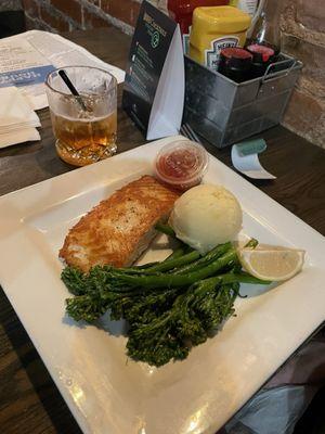 Salmon pan seared with mashed potatoes and fresh broccoli. Excellent meal for a Birthday celebration!