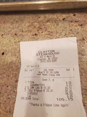 Receipt. Billed as ribeyes.