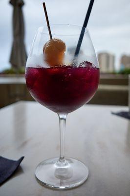 "Your lips taste like sangria" (red wine, la caravedo pisco, strawberry, lychee, hibiscus, white peach, orange, lemon)