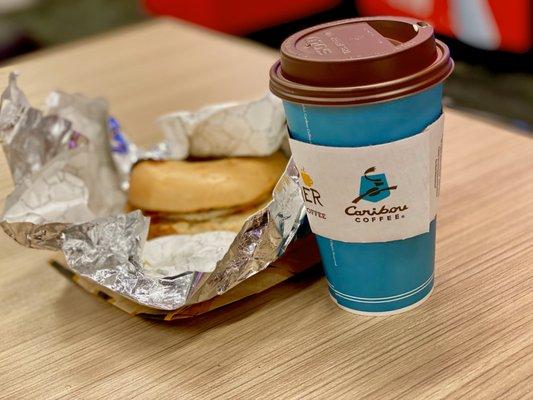 Applewood bacon and egg bagel, and white mocha.