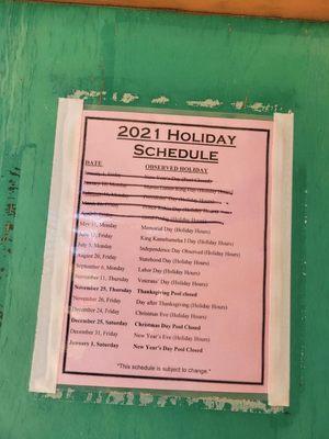 2021 Holiday Schedule