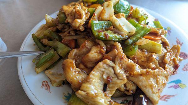 Hunan Chicken celery carrot green peppers onions in Black Bean Chile sauce, very tasty, BIG portion! $11.95 6-2023