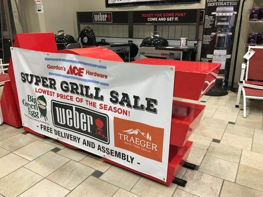 Extensive display of Grills before going down to to the basement entryway to the store.