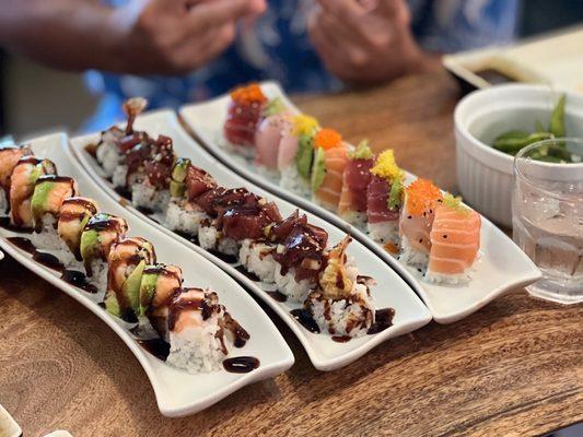 007 Roll, TNT Roll and Rainbow Roll (left to right)