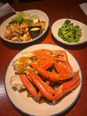 Snow Crab Legs ( Lb.) Broccoli  Grilled Shrimp over rice ( fiesta) style seasoning.