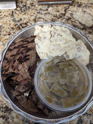 Ale marinated steak, mashed potatoes, and green beans. One of 3 meals picked up for meals since hubby and I are super busy.