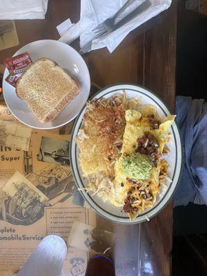 Omelette, Hash Brown, White toast