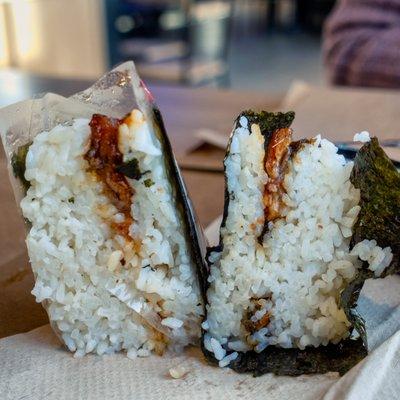 Eel Riceball, split in half