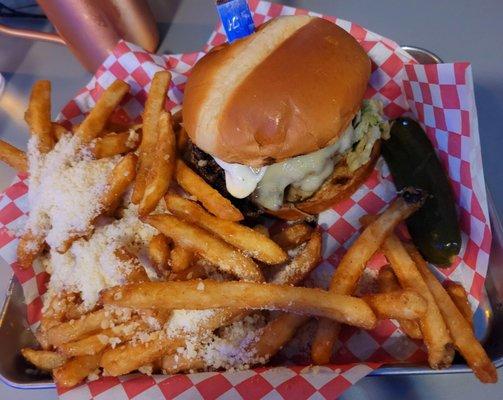 Black and blue burger and garlic cheese fries.