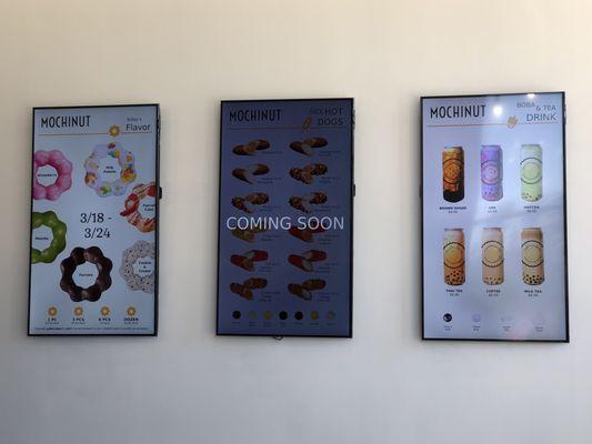 Menus, left to right: Donut menu (flavors change weekly), Rice Hot Dog menu (coming soon), Boba and Tea Drink menu.